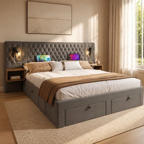 DESMIU Lit Double 160 × 200 cm avec 2 tables de chevet, 4 tiroirs, liseuses, USB et Type-C, sans matelas, velours gris (1/5)
