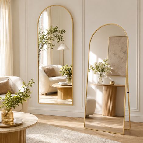 Miroir pleine longueur 164×54cm,arqué,peut être fixé au mur,miroir sur pied,support réglable,miroir corps entier,incassable HD verre trempé,cadre en alliage d'aluminium,pour chambre et salon,Doré (1/5)