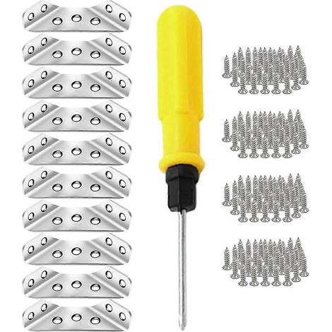 Connecteur d'angle universel en acier inoxydable pour meubles, équerres métalliques pour bois avec clous et tournevis B (1/5)