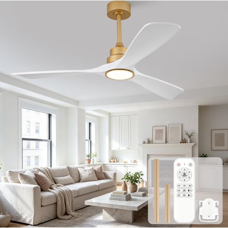 MODFU – Ventilatore da soffitto 52" con 3 pale in legno massello, motore DC, LED 3CCT e telecomando – Bianco dorato (1/5)