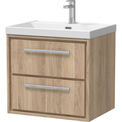 Longnor 2 Drawer Wall Hung Vanity Unit with 1 Tap Hole Thin Edge Basin, Light Oak, 600mm