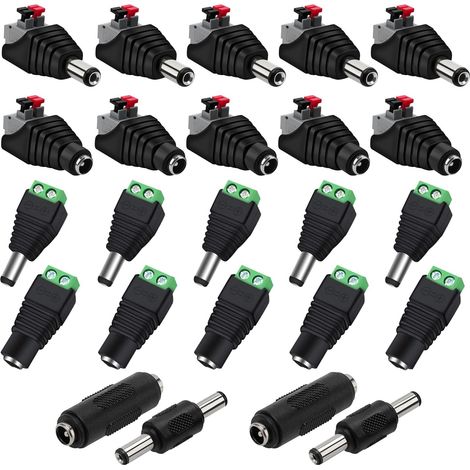 5 coppie di adattatori di alimentazione maschio e femmina da 5,5 mm x 2,1 mm CC 12 V con spina a pulsante + set di 5 coppie di connettori maschio e femmina da 12 V/24 V CC per strisce LED per telecame