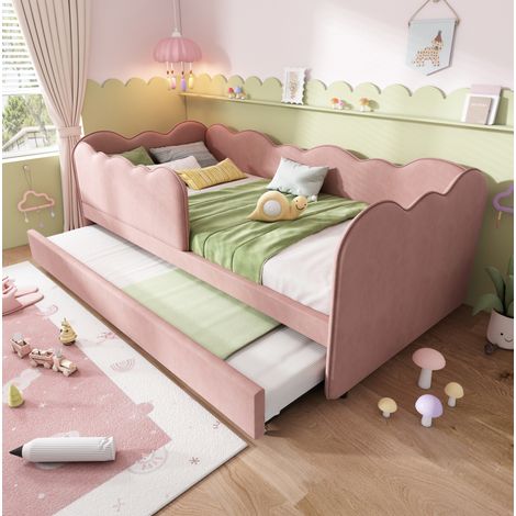 MEUBLIV Lit banquette avec lit gigogne 90 x 190 cm en velours rose avec dossier rembourré et structure en fer pour chambre d enfant et chambre d amis (1/5)