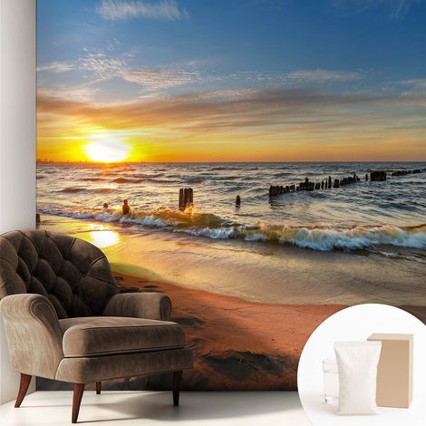 Papier peint intissé décoratif avec motifs pour salon et chambre a motif - Colle incluse gratuite Coucher de soleil sur la plage 250x250 cm (1/5)