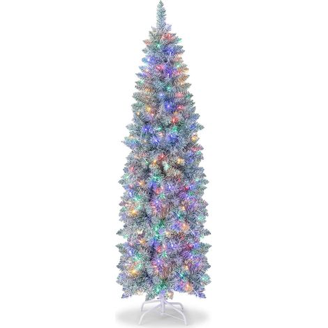 6FT Pre-Lit Artificial Christmas Tree Hinged Pencil Xmas Tree W/ 250 LED Lights (1/5)