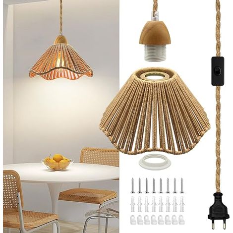 Lustre Corde de Chanvre Câble 5.1M, Douille E27 avec Interrupteur, Lustre Corde avec Prise, Lampe Suspendue avec Abat-jour, Cable Suspension Luminaire Intérieur pour Chambre à Coucher,Salon (1/5)