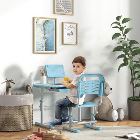 Pupitre Infantil Ajustable con 1 Cajón 1 Estante para Libros y Ángulo de Mesa Ajustable 80x49,5x82-104 cm Azul y Blanco (1/5)
