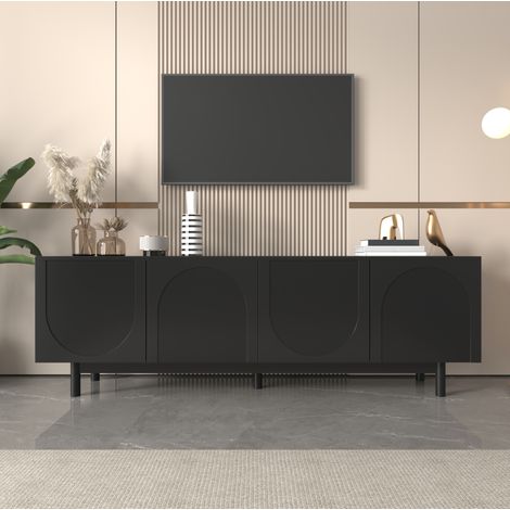 Meuble TV noir 175 cm – avec pieds en bois – Design minimaliste – 4 portes Push-to-Open – Rangement réglable