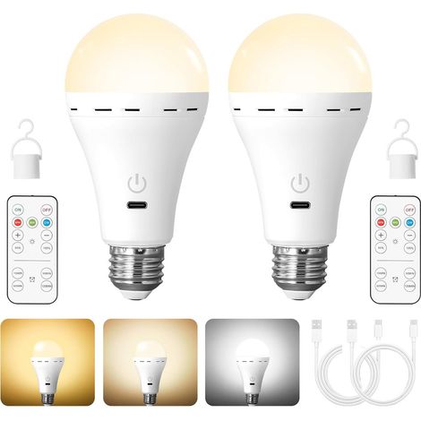 2 ampoules LED E27, batterie rechargeable avec télécommande, ampoule à intensité variable avec fonction minuterie, 3 températures de couleur, éclairage de secours pour usage intérieur et extérieur