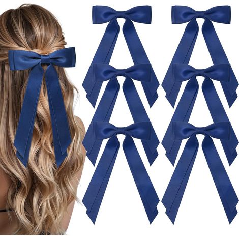 Seis pinzas para el cabello, pinzas grandes con lazo, adecuadas para niñas y mujeres, bonitos accesorios para coletas - azul. (1/3)