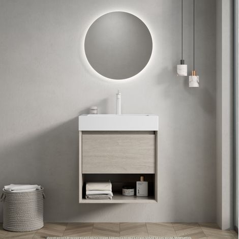 Meuble lave-mains suspendu 55 cm en contreplaqué décor chêne clair avec vasque intégrée en résine blanche (1/5)
