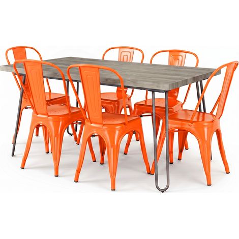 Pack Esstisch - Industriedesign 150cm + 6er Pack Esszimmerstühle - Industriedesign - Hairpin Stylix Orange