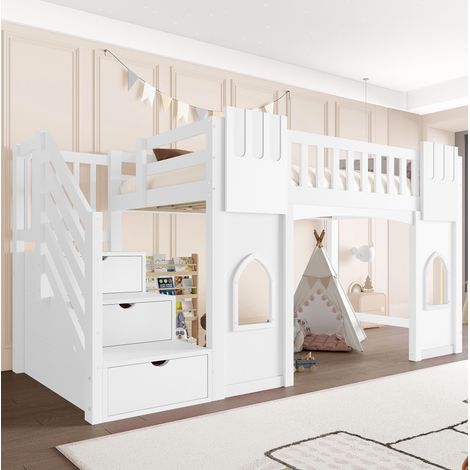 Lit mezzanine bois et MDF blanc 90x200 cm avec escalier de rangement et fenêtres (1/5)