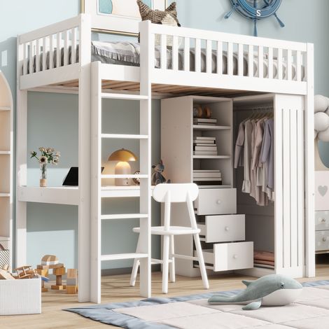 DESVIAE Lit mezzanine enfant avec bureau armoire 3 tiroirs rangement ouvert escalier et garde corps 90 x 200 cm en pin et MDF blanc (1/5)
