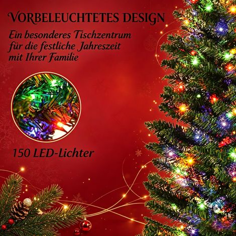 Sapin Noël artificiel lumineux crayon 180 cm, 390 branches 150 lumières multicolores, base acier vert, décoration festive élancée, hauteur 180 cm, coloris vert (1/5)