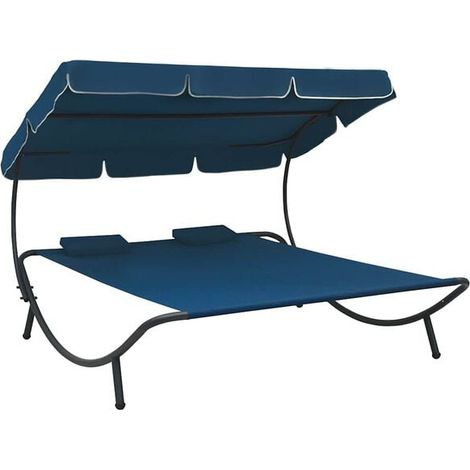 Chaise longue d'extérieur avec auvent et coussin bleu (1/5)
