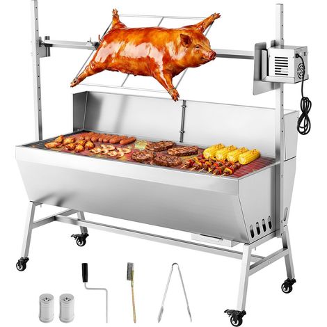 Rôtissoire BBQ 38W, Broche à Agneau et Porc, 60 kg, Roues et Hauteur Réglable 4 Niveaux, Acier Inoxydable, Kit Rôtissoire Électrique pour Camping et Extérieur (1/5)