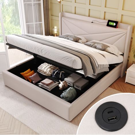 MODFU – Lit adulte 180x200 cm – Rangement USB-C – Sommier lattes – Lin beige – 300 kg – Beige (1/5)