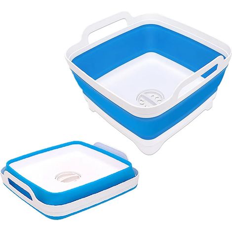 Bac à légumes pliable en plastique bleu de 9 litres avec bouchon de vidange, idéal pour ranger la vaisselle, laver les fruits et légumes, ou comme seau réfrigérant. (1/5)