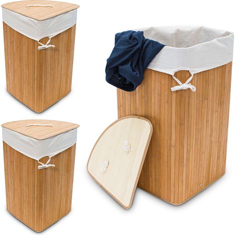 Relaxdays 3x Corner Laundry Baskets Bamboo, Foldable 60 L, Space-saving, Cotton Bag, HxWxD: 65 x 49.5 x 37 cm, Natural