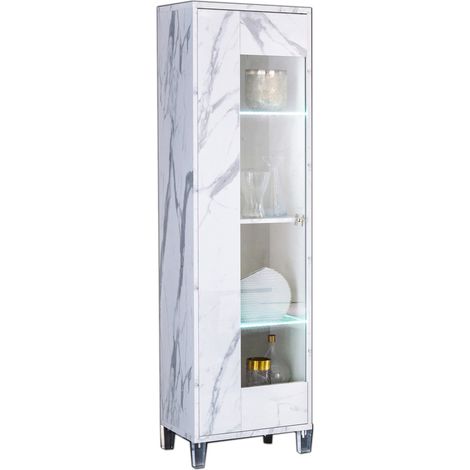 Vitrine 1 porte à Led bois blanc effet marbre vernis et verre trempé Botela 52cm (1/3)