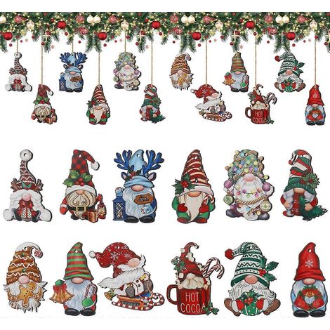 24Pcs Wooden Xmas Tree Decors, Mini Xmas Tree Decors & Hanging Ornaments Vintage Style Santa & Gnome Designs For Home, Xmas Party (1/5)