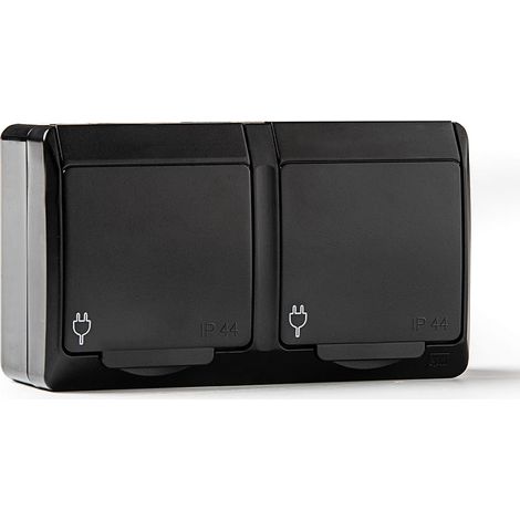 Double Prise De Courant Avec Terre Latérale étanche Ip44, 16a 250 V, Noir, Blister