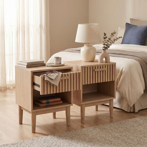 Lot de 2 Tables de chevet, 40x35x55 cm, avec 1 tiroir et compartiment ouvert, pieds en bois massif, style scandinave, couleur chêne (1/5)
