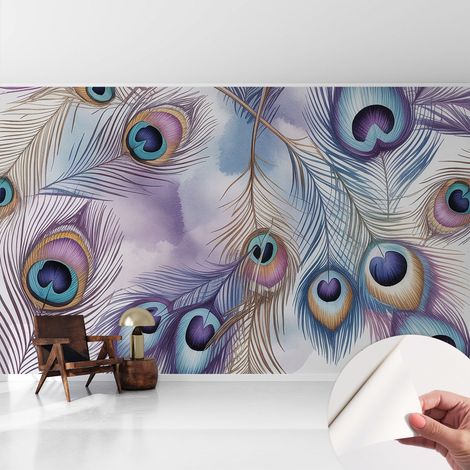 Papier peint autocollant adhésif avec imprimé motifs uniques apparence moderne Plumes de paon 416x254 cm (1/5)