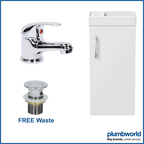 400mm White Gloss Bathroom Vanity Unit with Basin Sink Storage with Essentials Curved Mixer Tap & Waste (1/5)