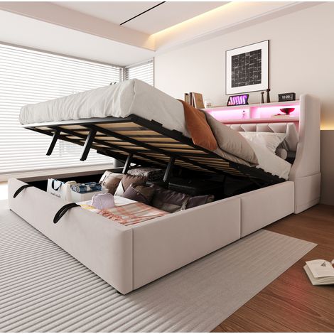 Cama 180x200 cm terciopelo beige con arcón hidráulico sin colchón – MEUBLIV (1/5)