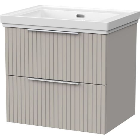 Callingwood Contemporary Wall Hung 2 Drawer Vanity Unit with Traditional 0 Tap Hole Fireclay Basin , 600mm, Pebble Grey