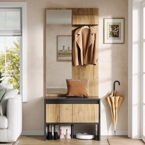 Vestiaire d'entrée avec miroir, banc à chaussures et 2 tiroirs, 60 x 38 x 145 cm