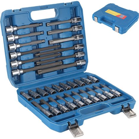 Jeu de 32 douilles à chocs 1/2 pouce, coffret à cliquet en acier chromé-vanadium pour réparation auto, rangement inclus. (1/5)