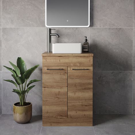 Napoli 390 Tobacco Oak 600mm 2 Door Vanity Unit for Countertop Basins - 600mm - Gunmetal Grey 160mm Handle