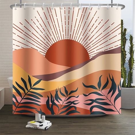 Rideau de Douche Bohème Ancien Moyen Siècle Rideau de Douche Abstrait Montagne Coucher de Soleil Feuille Simplicité Moderne Art imperméable à l'eau Rideau de Douche Lavable 120x180cm (1/5)