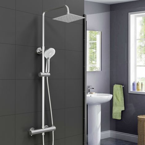 Acezanble – Colonne de douche mécanique – Pommeau carré 200mm – Robinet thermostatique en laiton – Douchette à main 3 jets – Finition chrome