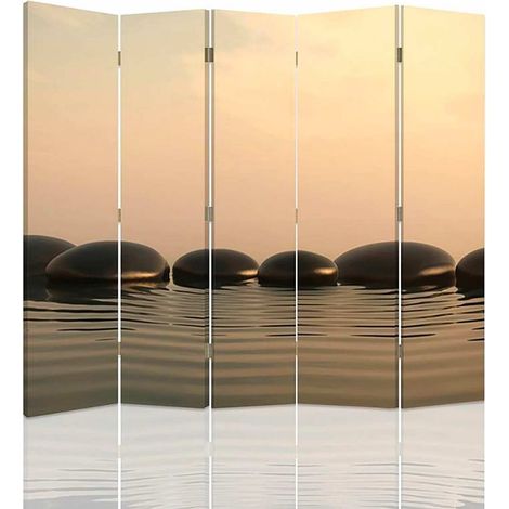 Paravent Pierres Zen   Séparateur d'Espace 5 Volets - 180 x 180 cm - 1 face déco, 1 face noir