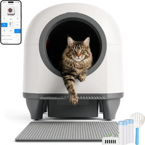 Lettiera per gatti autopulente, 90 litri, lettiera XXL con tappetino, eliminatore di odori, 6 sensori, controllo app, lettiera elettrica automatica per più gatti (1/5)