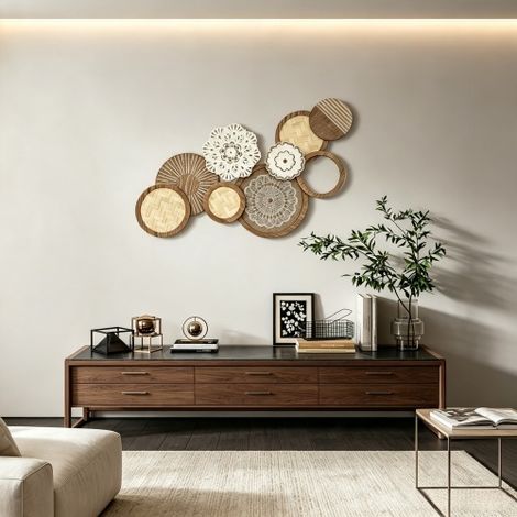 Decorazione murale in legno, scultura murale moderna in legno, pannelli in vetro multipli, design unico, adatta per il soggiorno (solo decorazione murale), installazione in loco. (1/5)