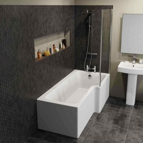 L Shaped 1700mm Shower Bath Acrylic Modern Bathtub - Right Hand with Front Panel