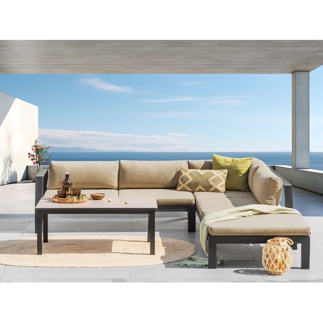 Conjunto de jardín 5 plazas sofá y mesa estructura negra tablero de vidrio y cojines beige arena Messina (1/5)