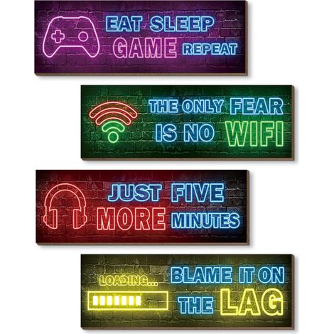 Panneau Décoratif Gaming - Lot de 4 - Bois - Style Néon - Chambre Ado - 29x10cm (1/5)