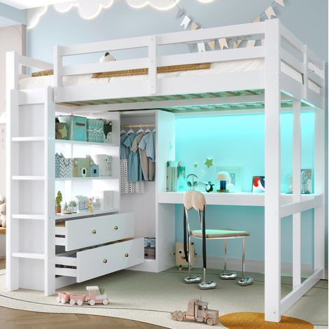 letto letto matrimoniale con scrivania LED e armadio OKMYHOME (1/5)