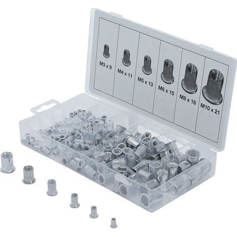 Coffret assortiment de 150 inserts filetes aluminium de 3 à 10 mm (1/4)