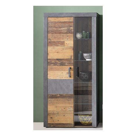 Vitrine à LED 2 portes mélaminé chêne foncé et gris Orcel (1/6)