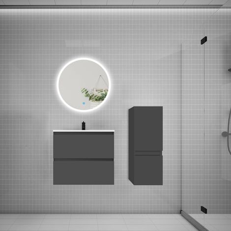 Ensemble meuble vasque L.60cm 2 tiroirs + lavabo + LED miroir rond 60cm + colonne,anthracite (1/5)