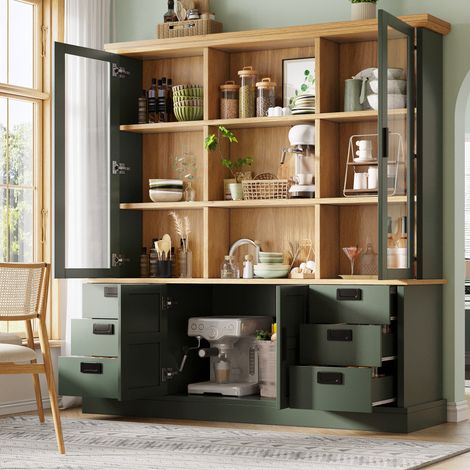 Buffet haut 140x40x185cm avec 6 tiroirs portes doubles et étagères réglables - mdf - vert foncé (1/5)
