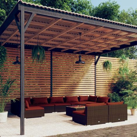 10-tlg. Garten-Lounge-Set mit Kissen Braun Poly Rattan (1/5)