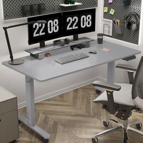 Bureau Debout électrique à hauteur réglable avec ports de charge USB et Type-C, avec fonction de charge, 3 claviers à mémoire automatique sur le panneau, avec 4 roues à blocage universel,120CM,Gris (1/5)